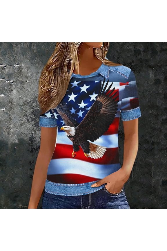 Graphic Tee Shirts Womens Western Patriots Blouse Collared Blue Short Sleeve Plus Size Shirts for Women Under $10,M