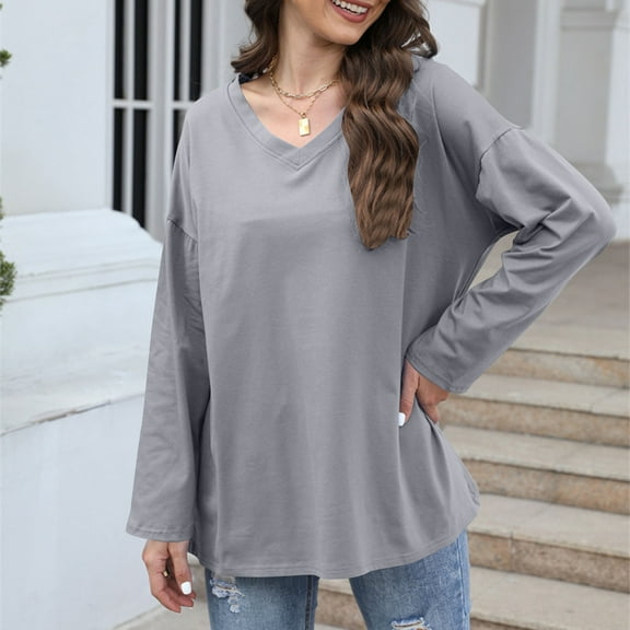 Blmnix Gray Women Polo Shirts for Work V-Neck Solid Color Women's Workout Tops Long Sleeve cotton Athleisure Tops