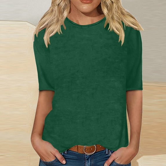 Blmnix Green Casual Womens Tops 2024 Elbow-Length Loose Solid High Neck Basic Blouse Fashion Tees