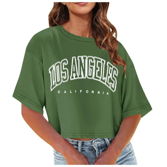 Blmnix Green Tops for Women Short Sleeve Summer Crew Neck Letter Los Angeles Casual Crop Ladies Tops Trendy