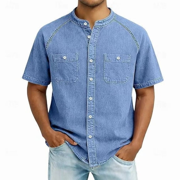 Blmnix Guide Men T Shirt Big And Tall Shirts Denim Shirt Oversized Tshirt Button Down Blue Jewel Neck Short Sleeve Tee Shirts,S