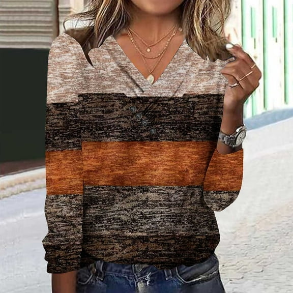 Blmnix Gym Dressy Tops Khaki Color Block Workwear Womens T-Shirts Long Sleeve V-Neck Blouses