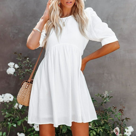 Blmnix Hawaiian Dresses Dress for Women A Line Dresses Fit & Flare Petticoat Elbow-Length Crew Neck Mini White Antimicrobial Protection Sundresses for Women,M