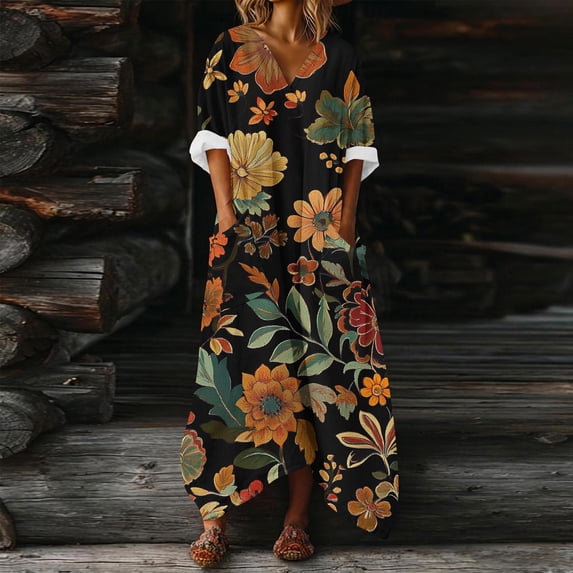 Blmnix Hawaiian Dresses Dress Women Shift Vintage Dress Under Dresses Maxi Short Sleeve V-Neck with Pockets Spring Dresses for Women 2026,M