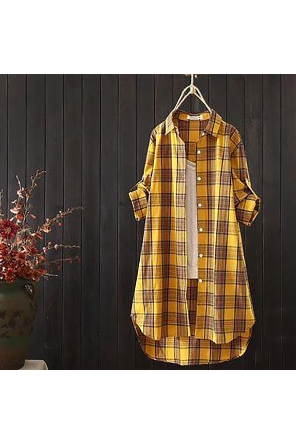 High Low Women's Athletic Shirts & Tees Western Plaid Tunic formal Shirts for Women Collared Long Sleeve Blouses