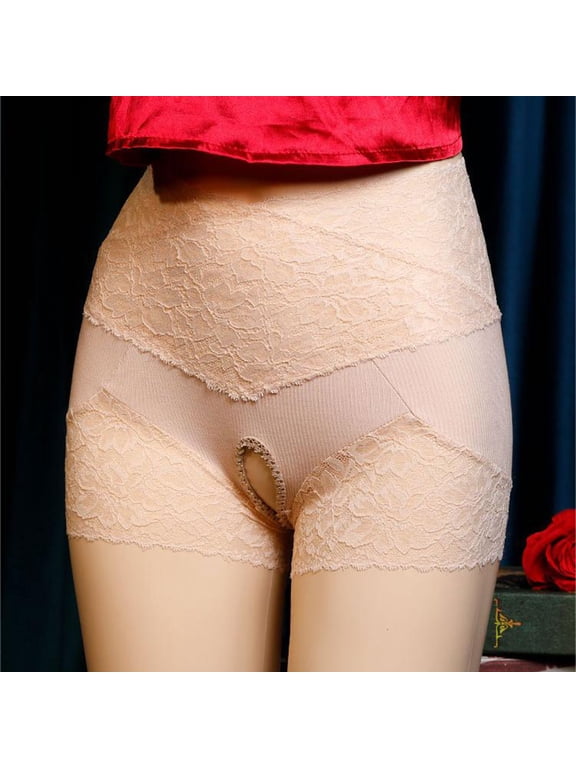 High Waisted Panties for Women Briefs Crotchless Panties Panty Beige Pull-On Ventilated Tight Lace Period Panties,L