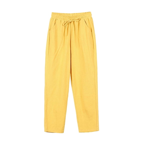 Blmnix High Waisted Pants for Women Palazzo Casual Pants Cotton Pants Pajamas Cropped Yellow High Straight-Leg Elastic Waist Pants for Women,L