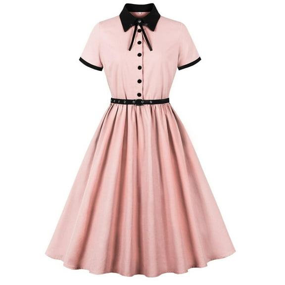 Blmnix Holiday Dresses for Women 2026 Fit & Flare Waisted Button Dress Pink Short Sleeve Collared Cocktail-Length Sweater Dress for Women,S