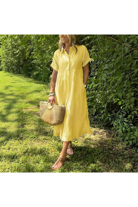 Holiday Dresses for Women 2026 Polo Plus Size Striped Skirts Yellow Collared Short Sleeve Wedding Guest Dress,XXXXL