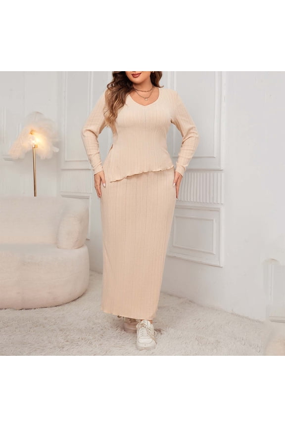 Holiday Dresses for Women Knit Dress Plus Size Twofer Petticoat Long Sleeve Beige Crew Neck Sweater Dress,XXL