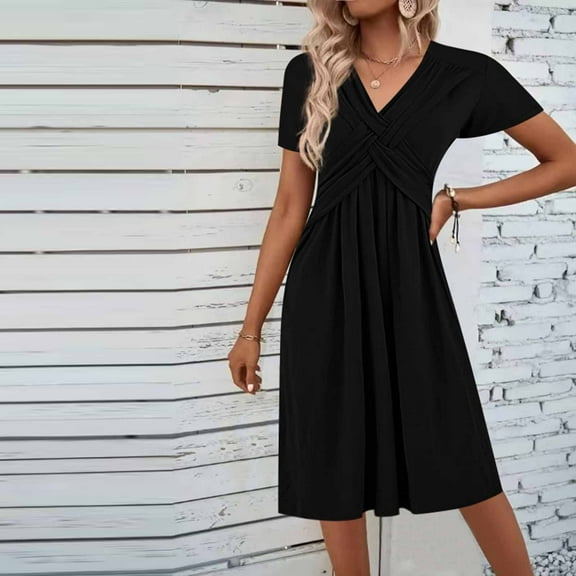 Blmnix Holiday Party Dresses for Women Elegant Fit & Flare Pleated Dresses Short Sleeve Black V-Neck Winter Skirts for Women,L