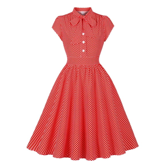 Blmnix Holiday Party Dresses for Women Fit & Flare Polka Dot Button Nightgown Cocktail-Length Red Tie Neck 1/4 Sleeve Womens Dress,L