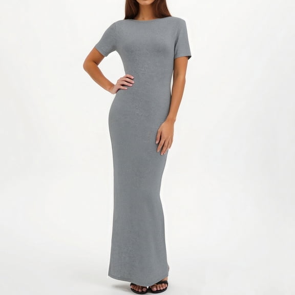 Blmnix Holiday Party Dresses for Women Prom Bodycon Sexy Dresses Maxi Short Sleeve Crew Neck Gray Party Dress,M