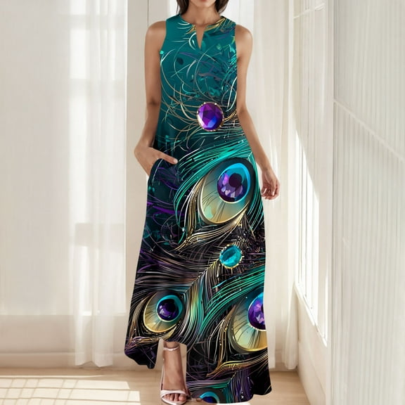 Blmnix Holiday Party Dresses for Women Vintage Tunic Flowy Petticoat Sleeveless Green Keyhole Neck Maxi Blazer Dress for Women,L