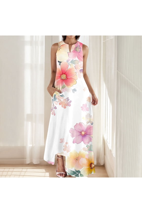 Holiday Party Dresses for Women Vintage Tunic Flowy Under Dresses Maxi Keyhole Neck Sleeveless Pink Mini Dress,M