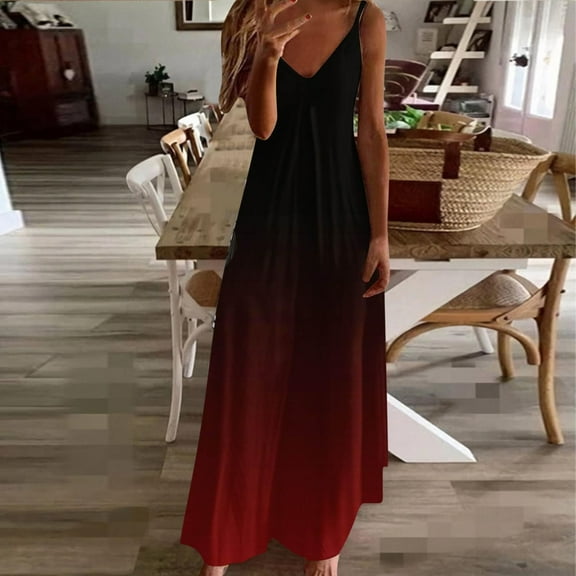Blmnix Holiday Summer Dress Slip Dress Flowy Dresses Dresses Sleeveless V-Neck Red Skirts for Women,M