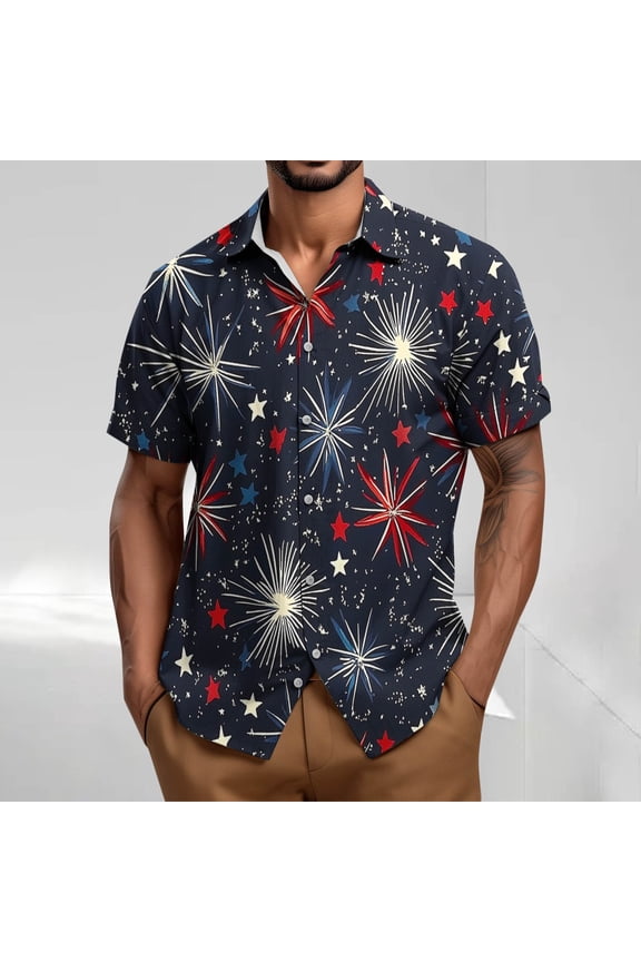 Independence T-Shirts for Man Big And Tall Shirts Guide Oversized Tops Black Short Sleeve Collared Button UP Summer Shirts for Men,L