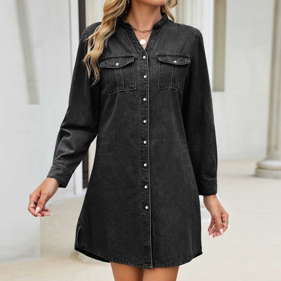 Blmnix Jean Ladies Dresses Denim Dress Shift Button Down Dresses Mini Long Sleeve Black V-Neck Adaptable Summer Dresses for Women 2026 M