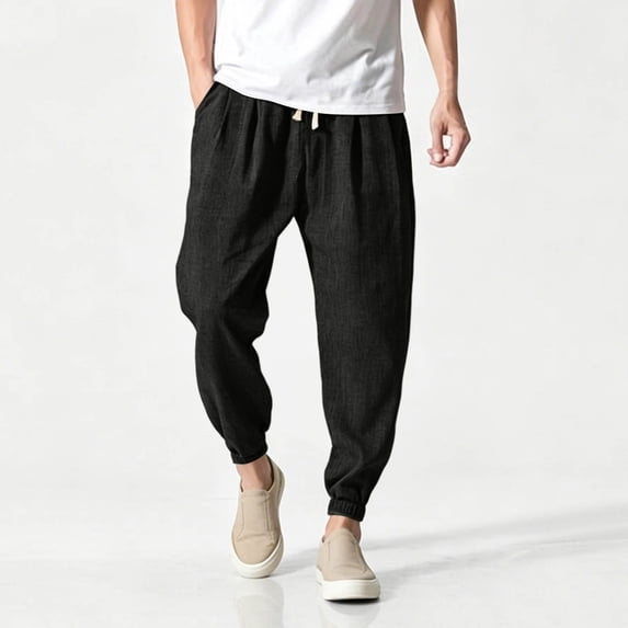 Blmnix Joggers Trousers for Men Baggy Travel Pants Low Rise Linen Pants Pants Black Taper Ankle Summer Pants for Men,M