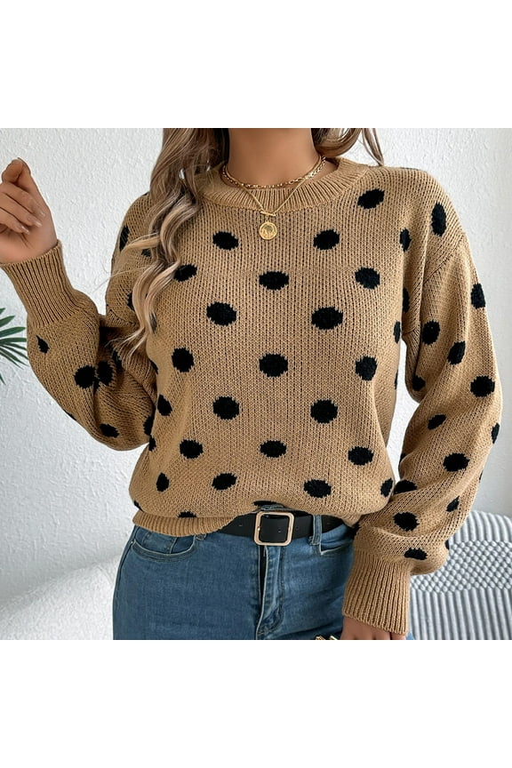 Khaki Women's Sweaters Polka Dot Crew Neck Long Sleeve Cute Blouses Pullover Chunky Clothing