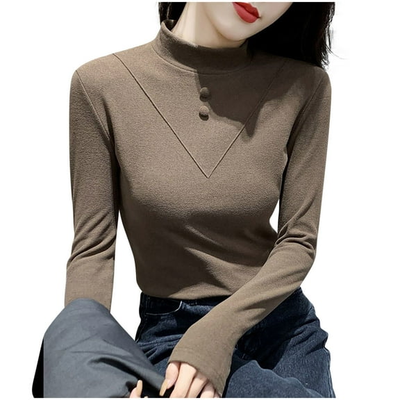 Blmnix Khaki Womens Cute Tops Beach Base Layer Slim Womens Graphic Tops High Neck Long Sleeve Blouses