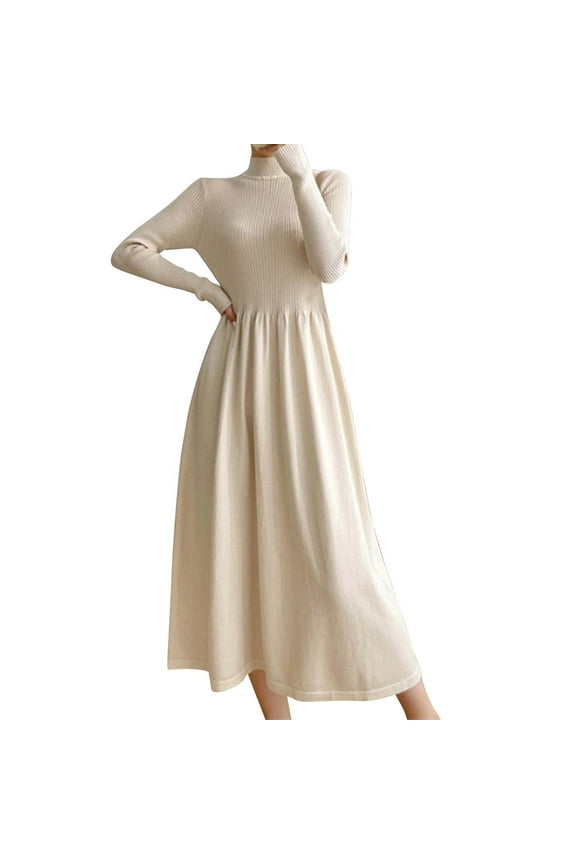 Knit Elegant Dresses for Women Elegant Sweater Under Dress Long Sleeve High Neck White Holiday Skirts for Women,Free Size