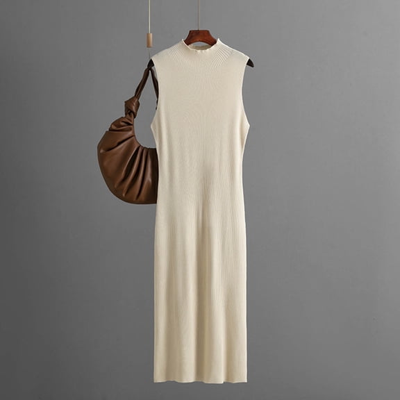 Blmnix Knit Sweater Dresses for Women 2026 Sheath Elegant Nightgown Beige Crew Neck Sleeveless Empire Waist Dress for Women,Free Size