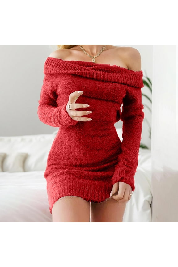 Knit Valentine Dresses for Girls Sexy Sweater Mini Dresses Red Long Sleeve Boat Neck Girls Dress,L