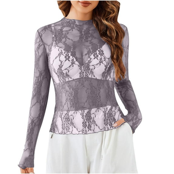 Blmnix Lace Womens Tops Dressy Casual Long Sleeve Gray High Neck Work Fall Shirts for Women