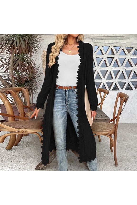 Lace Womens Winter Coats Open Front Duster Black Fit Boho Tops Long Sleeve Long Tops