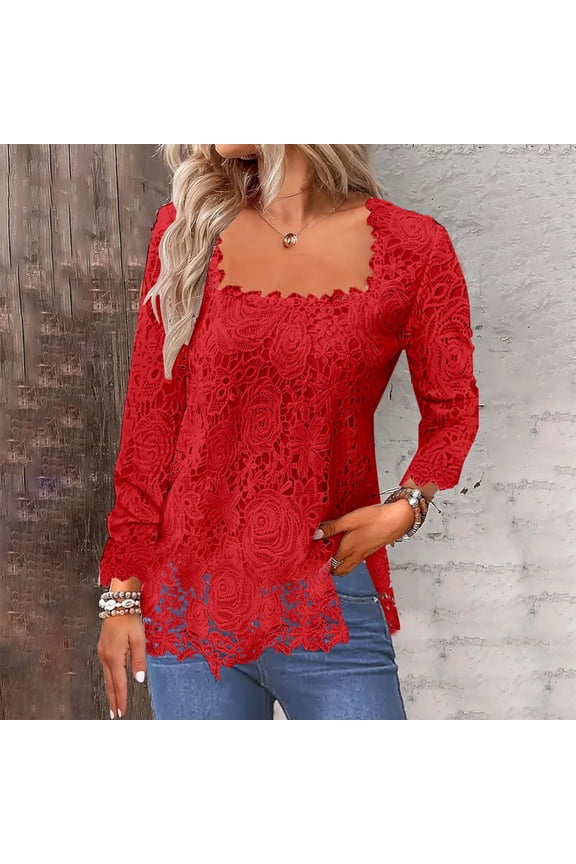 Lace Y2K Tops Square Neck Red Long Sleeve Christmas Womens Tops Trendy