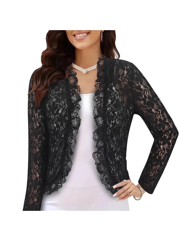 Lace lnsert Womens Jacket Convertible Pull-On Womens Summer Jacket Spring Jackets Coat Cocoon Long Sleeve Black Jackets for Women Casual