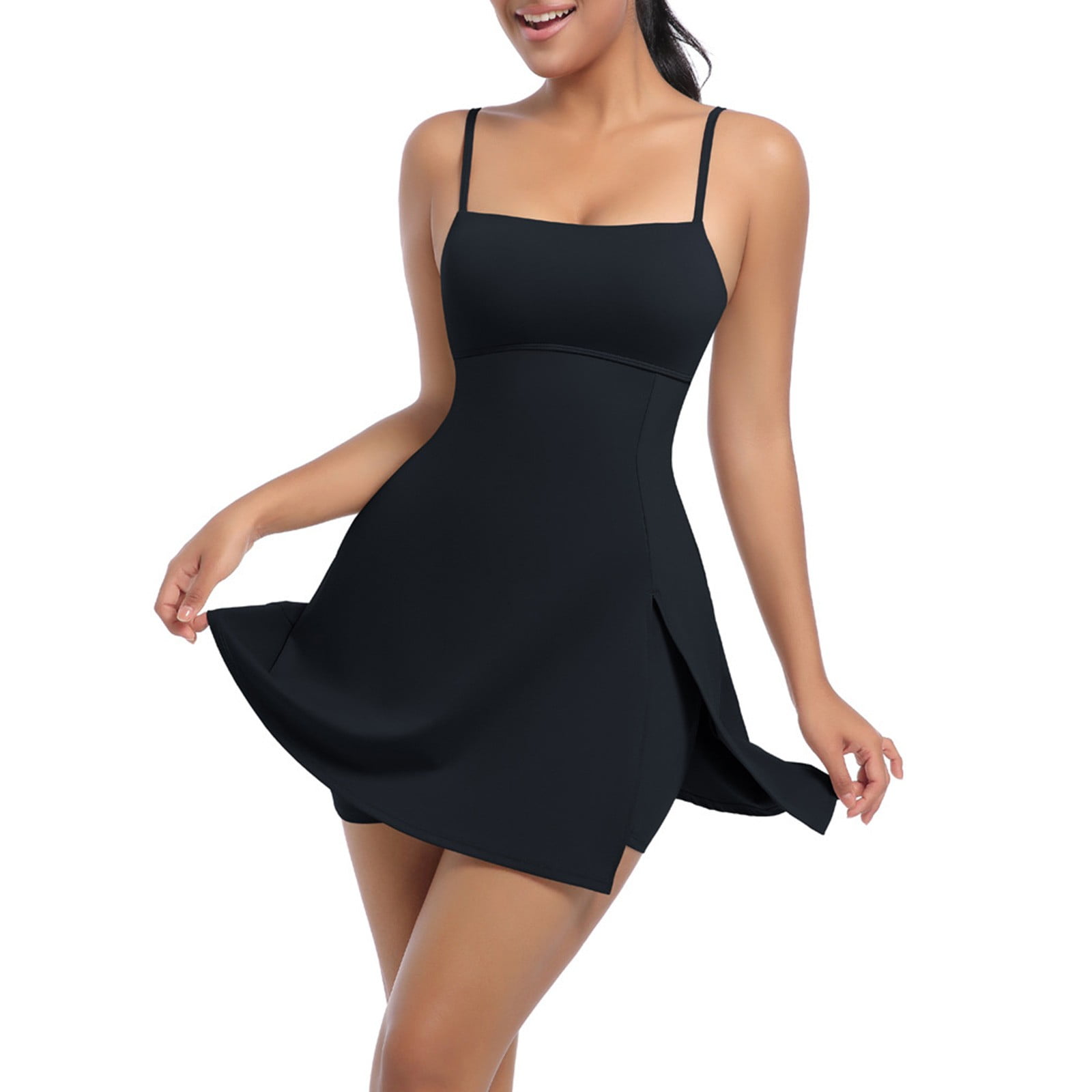 Blmnix Ladies Dresses Athletic Dress Slip Dress Tennis Dress Petticoat Square Neckline Sleeveless Mini Black Adjustable Strap Womens Summer Dresses,M