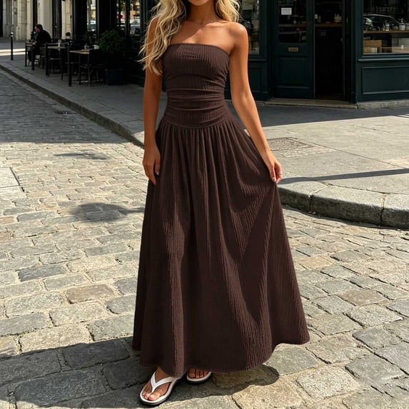 Blmnix Ladies Dresses Strapless Dress Corset Dress Tent Off The Shoulder Under Dresses Sleeveless Boat Neck Brown Maxi Adjustable Waist Sunmer Dresses for Women 2026 XL