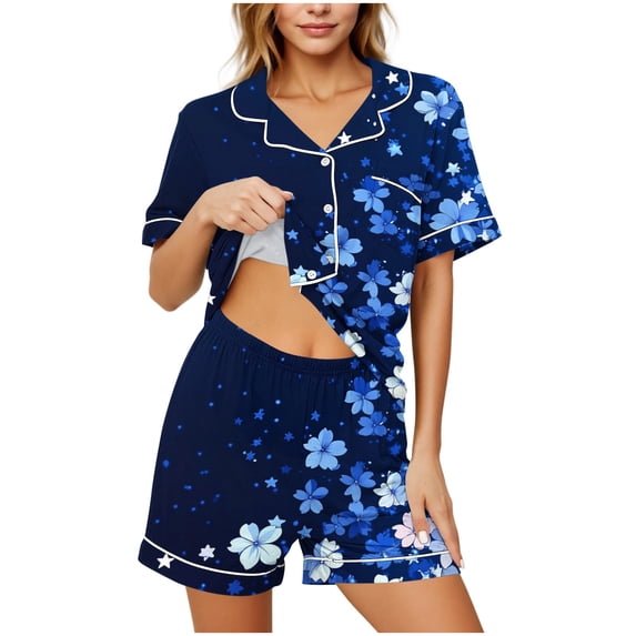 Blmnix Ladies Pajamas Sets Sleepwear Sets 2 Piece Bamboo Pajamas Pjs Collared Short Sleeve Blue Cropped Straight-Leg Women's Cotton Pajama Sets,XL
