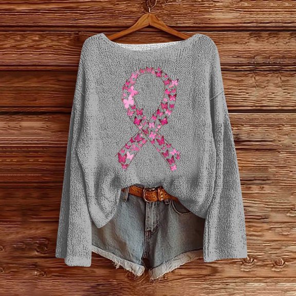 Blmnix Ladies Summer Tops Breast Cancer Pullover Butterfly Tops Long Sleeve Boat Neck Gray Petite Tops,L