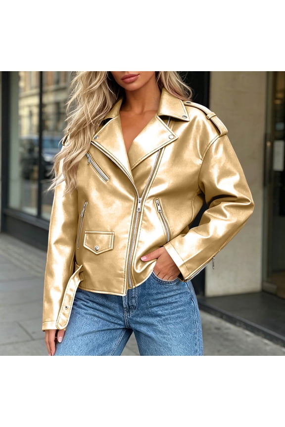 Leather Motorcycle Jacket Jackets for Women Trucker Oversized Belted Zip Up Coat Cocoon Long Sleeve Gold Winter Jacket