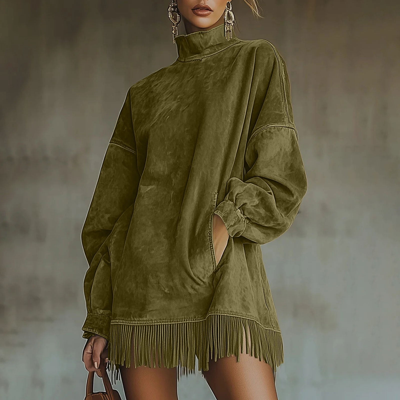 Blmnix Leather Wedding Guest Dresses for Women Western Shift Under Dresses  Green Long Sleeve High Neck Party Dress,L