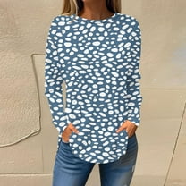 Blmnix Light Blue Womens Business Tops Outfits 2025 Polka Dot Relaxed Formal Tops for Women Crew Neck Long Sleeve Tees