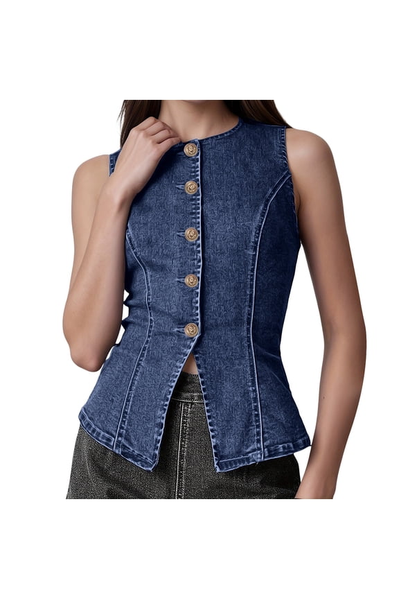 Light Denim Womens Jacket Cocoon Trucker Adaptable Womens Jean Jacket Raincoats Blue Button Mid-Length Sleeveless Womens Jackets Casual
