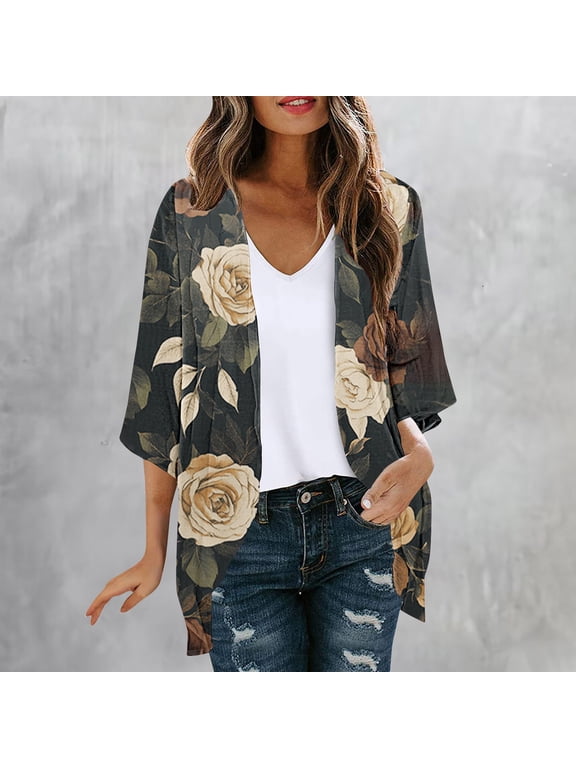 Lightweight Cardigans Jacket Women Convertible Adaptable High-Low Plus Size Coat Mid-Length 3/4 Sleeve Jackets for Women Trendy