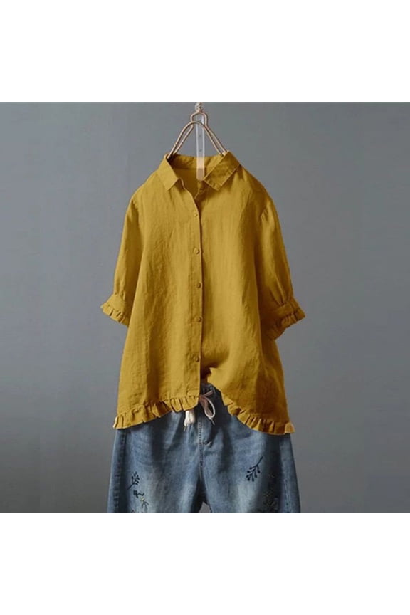 Lightweight Summer Tops for Women Yellow Blouse Collared Ruffled Elbow-Length Solid Beach Tops