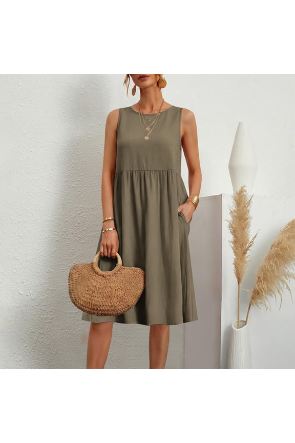 Linen Dress Dresses for Women 2026 Tank Dress Shift Dress Sleeveless Crew Neck Mid-Length with Pockets Womens Dresses Summer,L