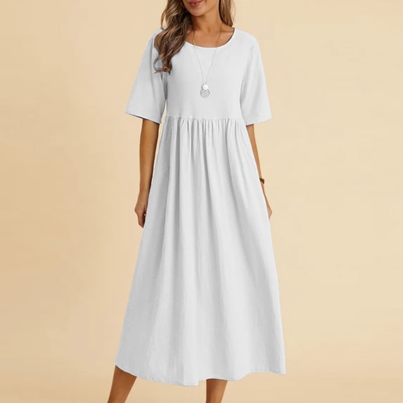 Blmnix Linen Dress Dresses for Women 2026 Tshirt Dress Fit & Flare Petticoat Cocktail-Length Short Sleeve Crew Neck Summer Dresses for Women 2026,M