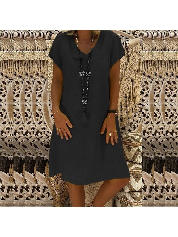 Linen Dress Dresses for Women Shift Plus Size Dresses Petticoat V-Neck Mid-Length Short Sleeve Summer Dresses,L