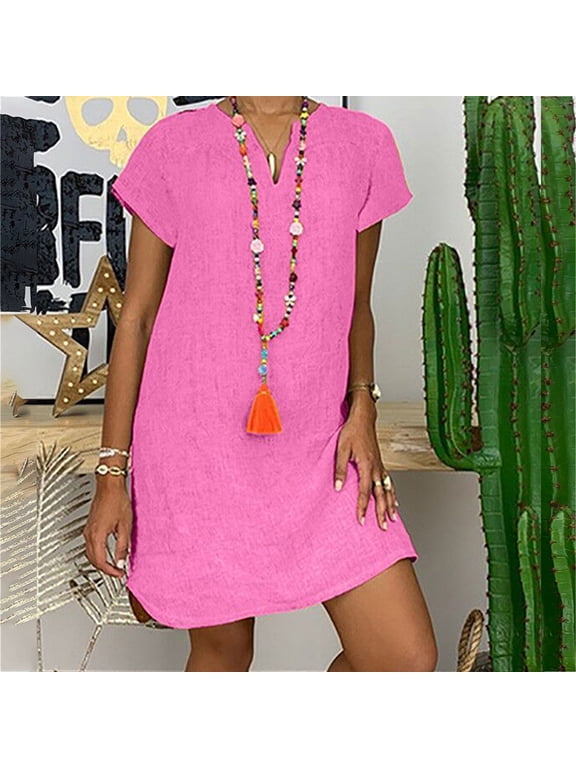 Linen Dress Women Dresses Plus Size Dresses for Curvy Shift Vacation Petticoat Mini Pink V-Neck Short Sleeve Adaptable Summer Casual Dresses for Women XXXL