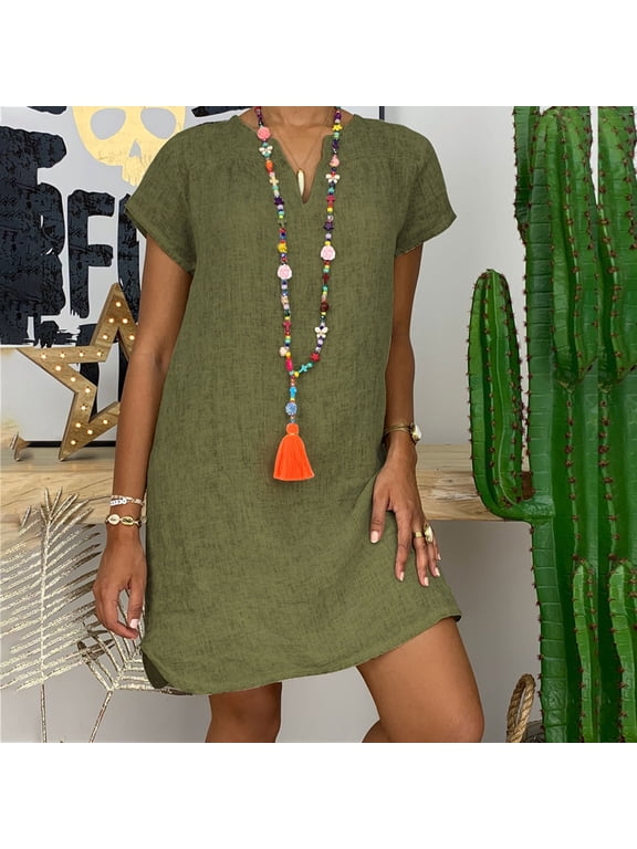 Linen Dress Women Dresses Plus Size Dresses for Curvy Vacation Shift Petticoat V-Neck Short Sleeve Green Mini Adaptable Casual Dresses XXXL