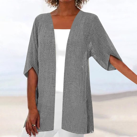 Blmnix Linen Jackets Jacket for Women Convertible Light Weight Adaptable Pull-On Coats Elbow-Length Gray Cocoon Winter Jacket