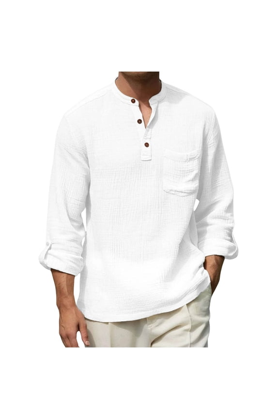 Linen Shirts Men Shirts Pullover Workout Shirts T shirts Long Sleeve White Henley Mens Shirts Casual,S