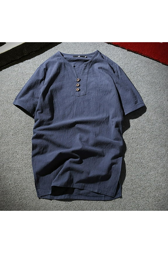 Linen Shirts Shirts for Men Pullover Big And Tall T-Shirt Blue Short Sleeve Henley Shirts for Men Big And Tall,L